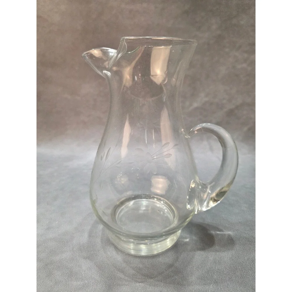 Vintage Etched Floral Clear Glass Pitcher with Ice Lip Spout 9.5 Inch